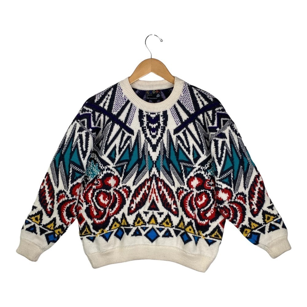 Authentic Vintage COOGI Cream Floral 100% Wool Oversized Sweater Size Small